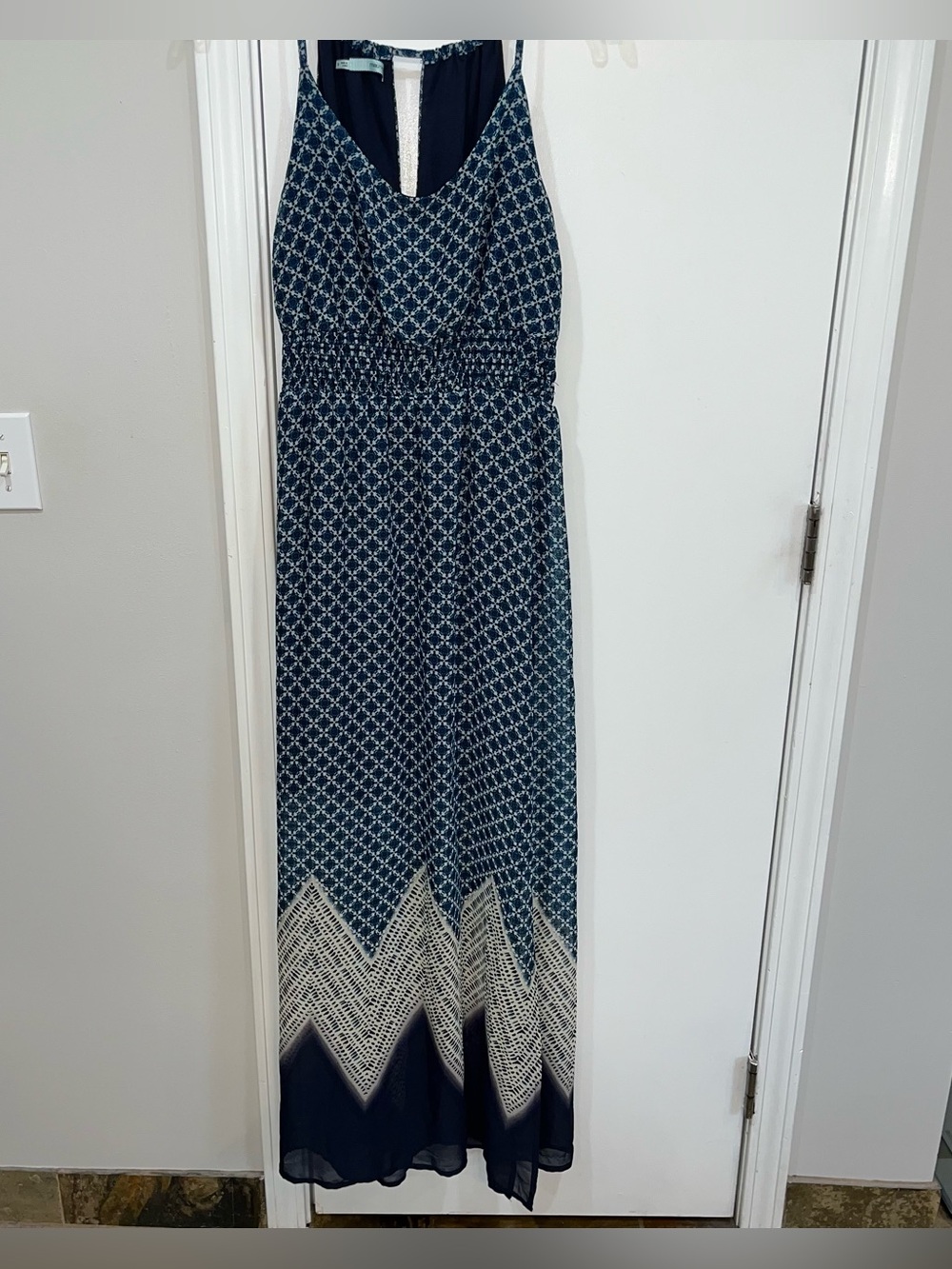 EUC Preloved Maurices Navy and White Geometric Maxi Dress - Size Small